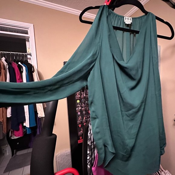 Haute Hippie Emerald Green Silk Cold Shoulder Blouse Med Cowl Neck - Picture 7 of 7